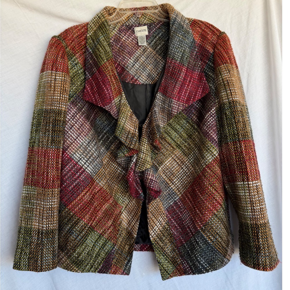 Chico's Blazer Multicolor Plaid Metallic Ruffle Boucle Jacket Women XL Size 3